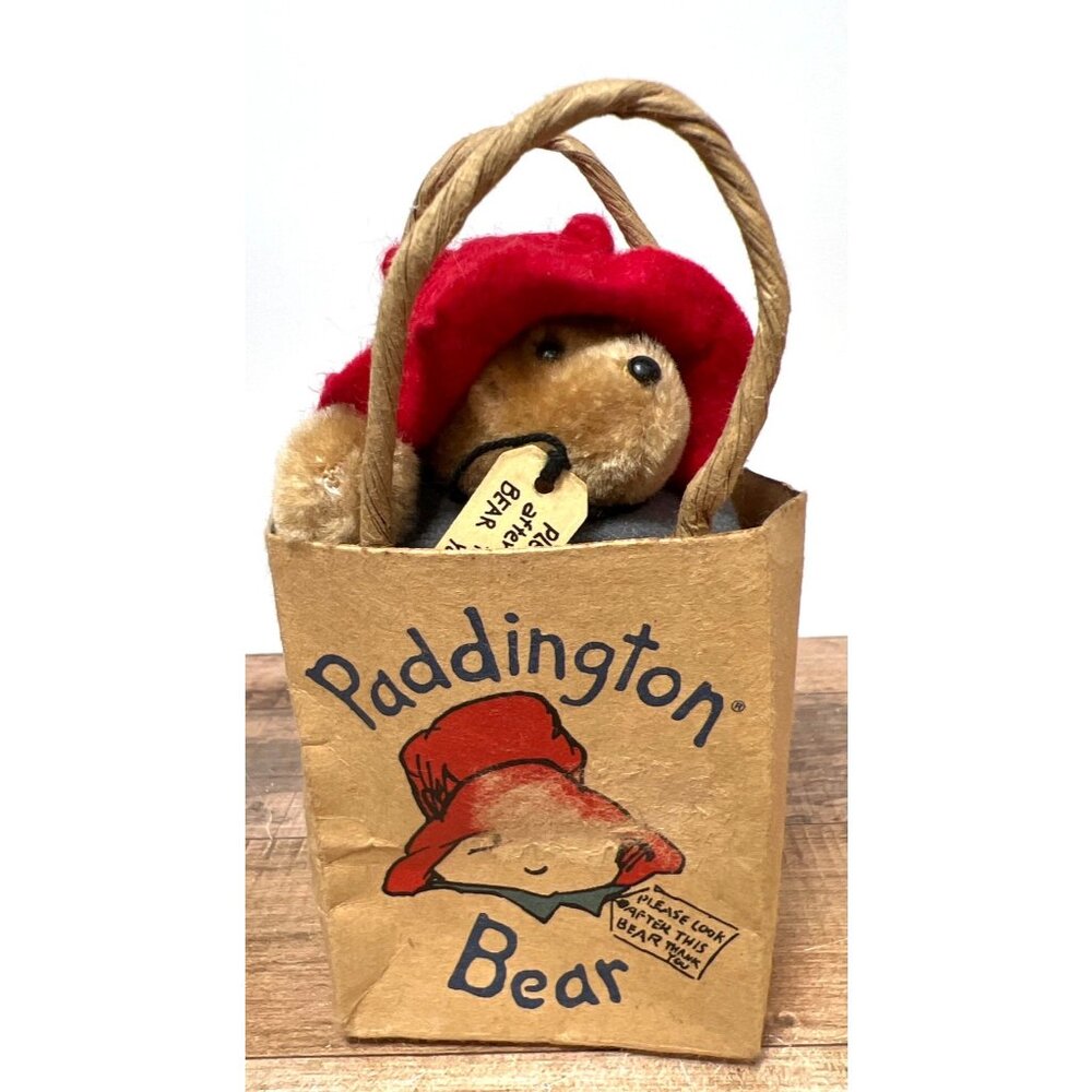 Paddington Bear Plush Toy In Gift Bag With Red Hat & Gray Coat